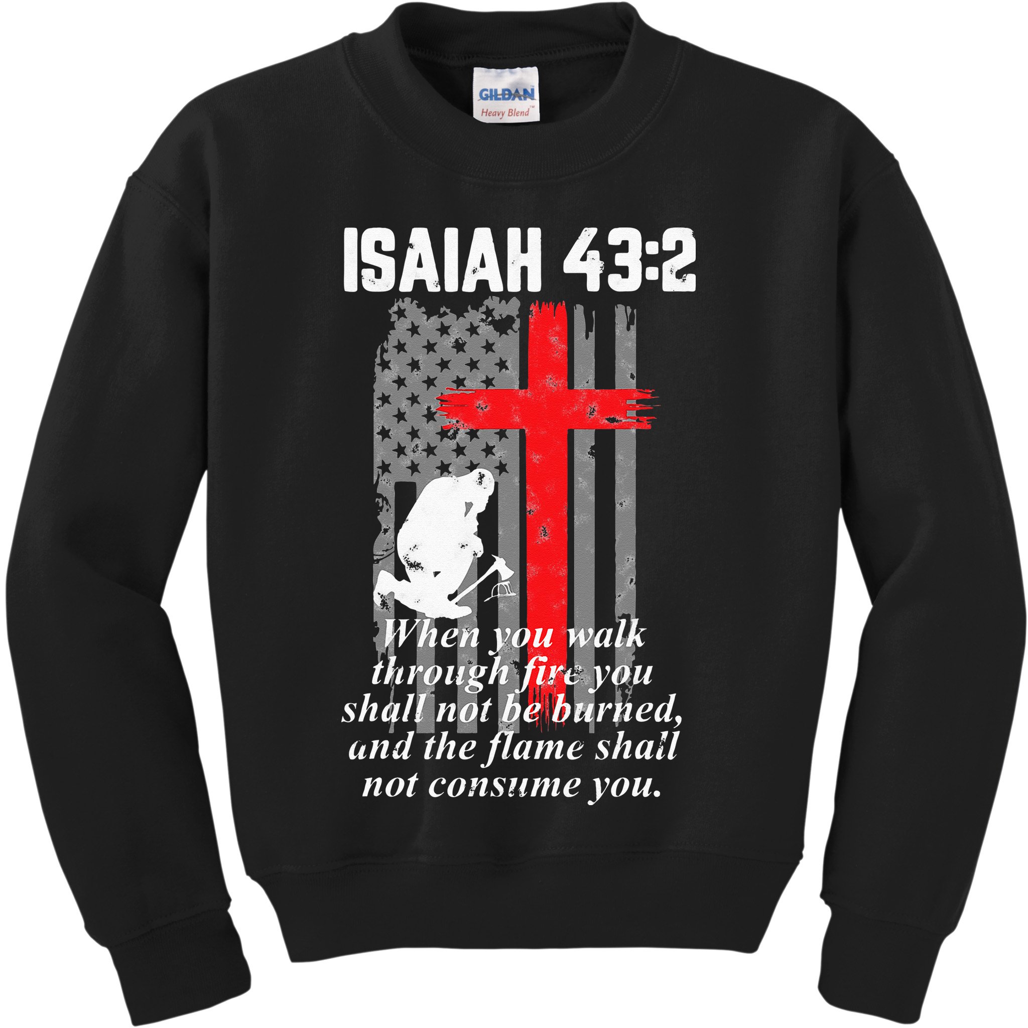 Thin Red Line Firefighter Cross Bible Verse American Flag Kids Sweatshirt