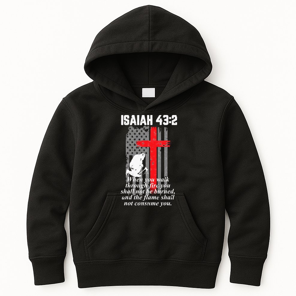 Thin Red Line Firefighter Cross Bible Verse American Flag Kids Hoodie