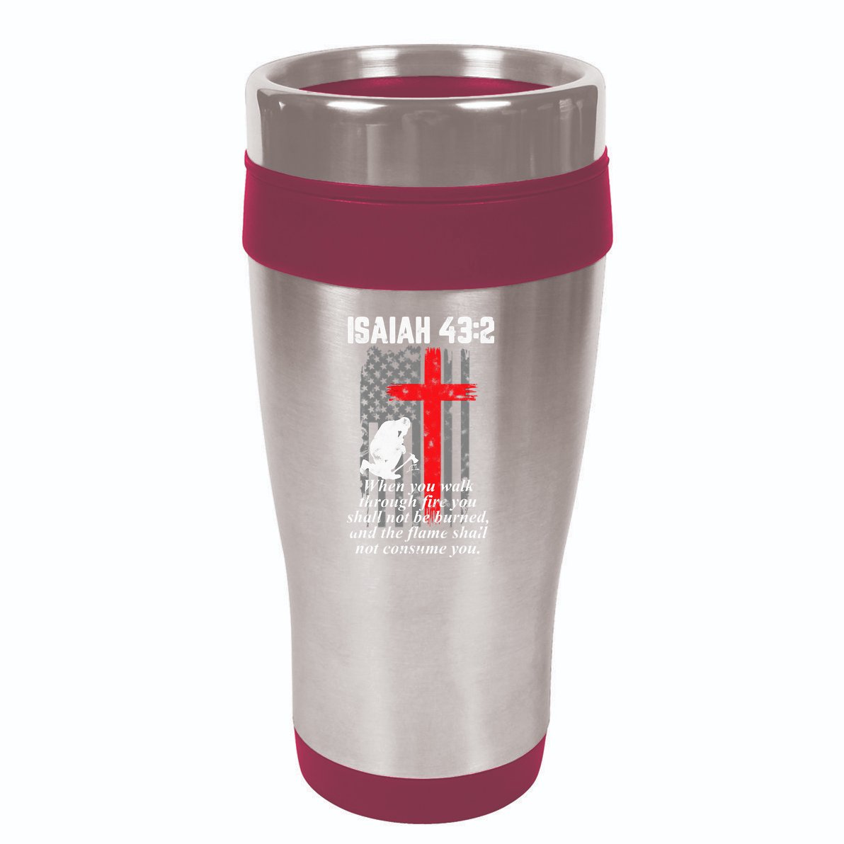 Thin Red Line Firefighter Cross Bible Verse American Flag 16oz Travel Tumbler