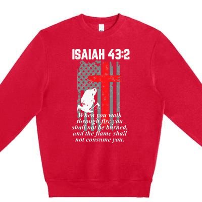 Thin Red Line Firefighter Cross Bible Verse American Flag Premium Crewneck Sweatshirt