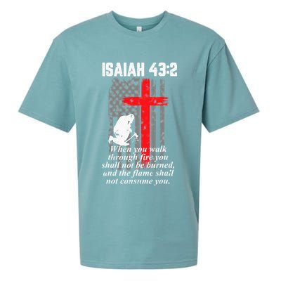 Thin Red Line Firefighter Cross Bible Verse American Flag Sueded Cloud Jersey T-Shirt
