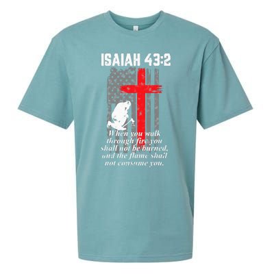 Thin Red Line Firefighter Cross Bible Verse American Flag Sueded Cloud Jersey T-Shirt