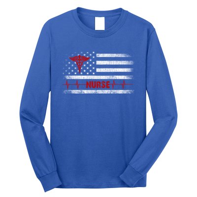 Thin Red Line Usa Us Flag Heartbeat Pride Nurse Gift Long Sleeve Shirt