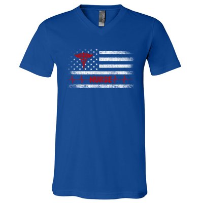 Thin Red Line Usa Us Flag Heartbeat Pride Nurse Gift V-Neck T-Shirt