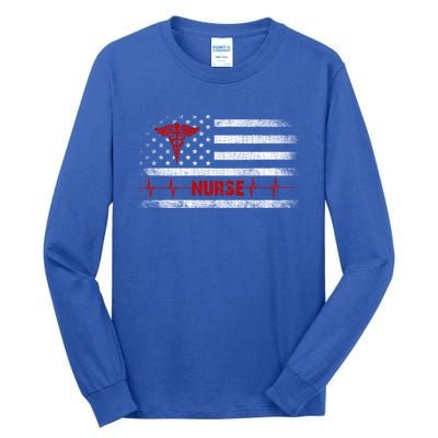 Thin Red Line Usa Us Flag Heartbeat Pride Nurse Gift Tall Long Sleeve T-Shirt