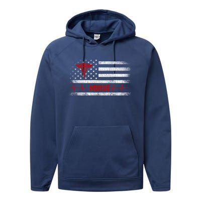 Thin Red Line Usa Us Flag Heartbeat Pride Nurse Gift Performance Fleece Hoodie