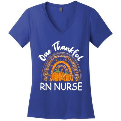 Thanksgiving Rainbow Leopard One Thankful Rn Nurse Cute Gift Women's V-Neck T-Shirt