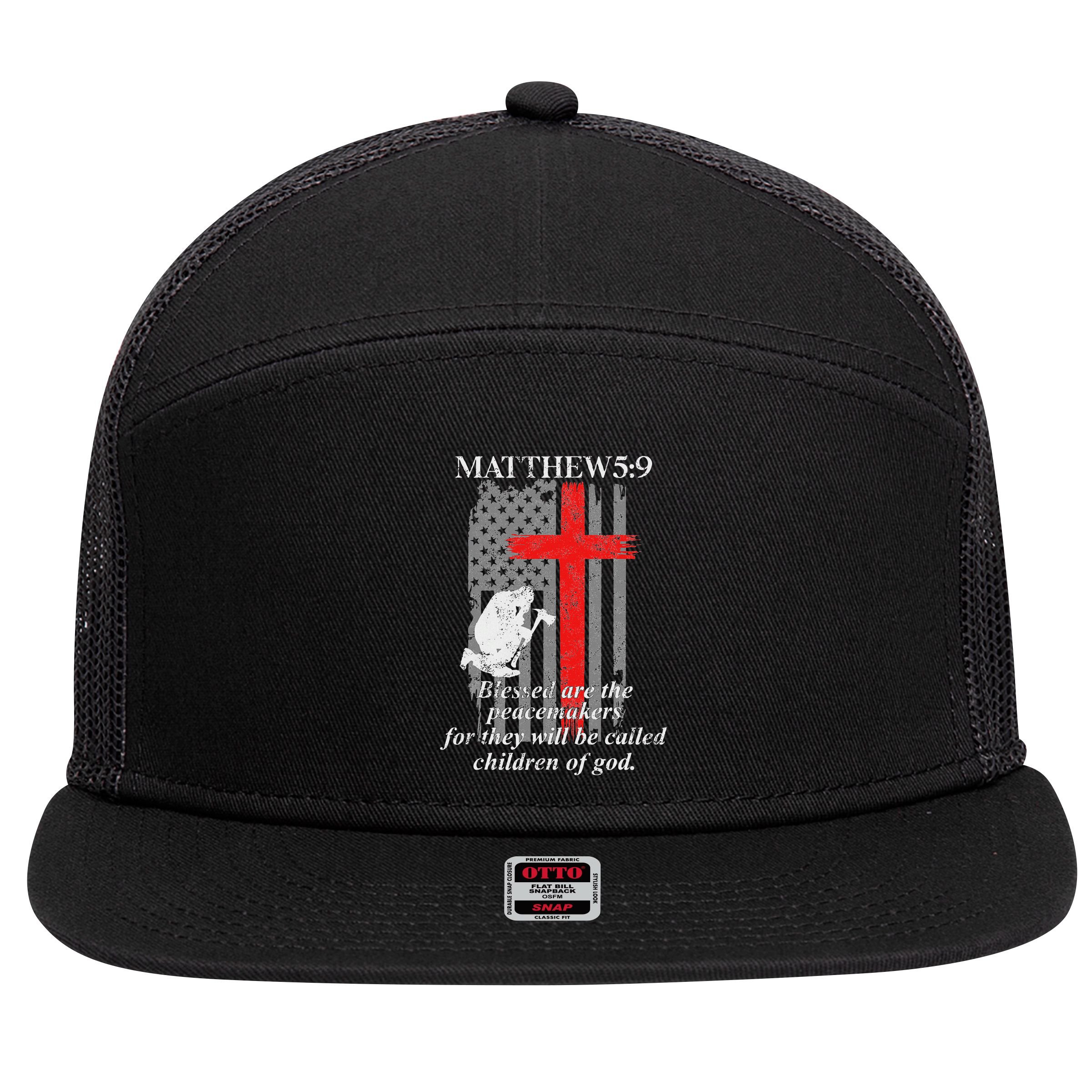 Thin Red Line Fireman Cross Bible Verse Firefighter Usa Flag 7 Panel Mesh Trucker Snapback Hat