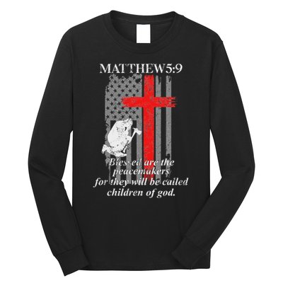 Thin Red Line Fireman Cross Bible Verse Firefighter Usa Flag Long Sleeve Shirt