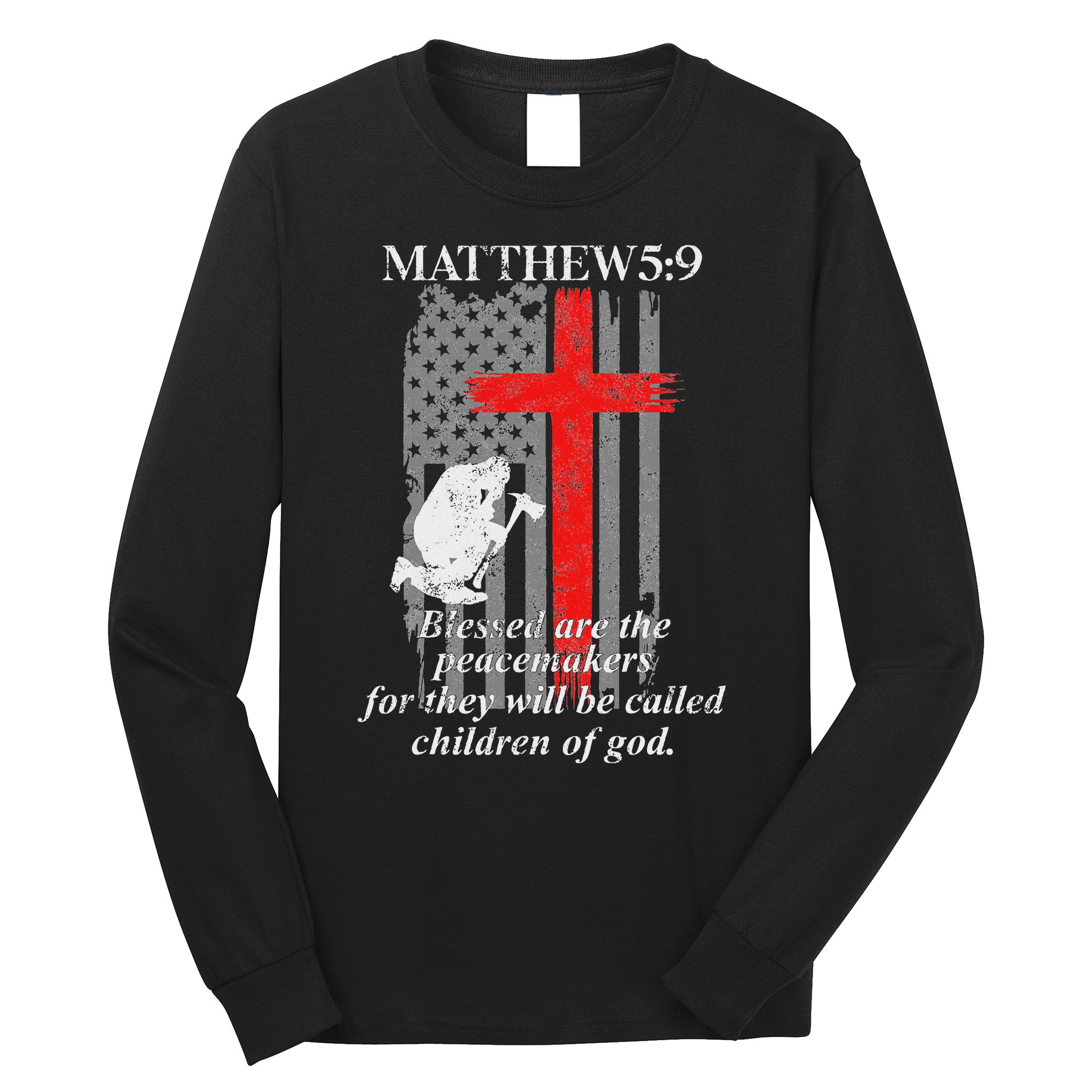Thin Red Line Fireman Cross Bible Verse Firefighter Usa Flag Long Sleeve Shirt
