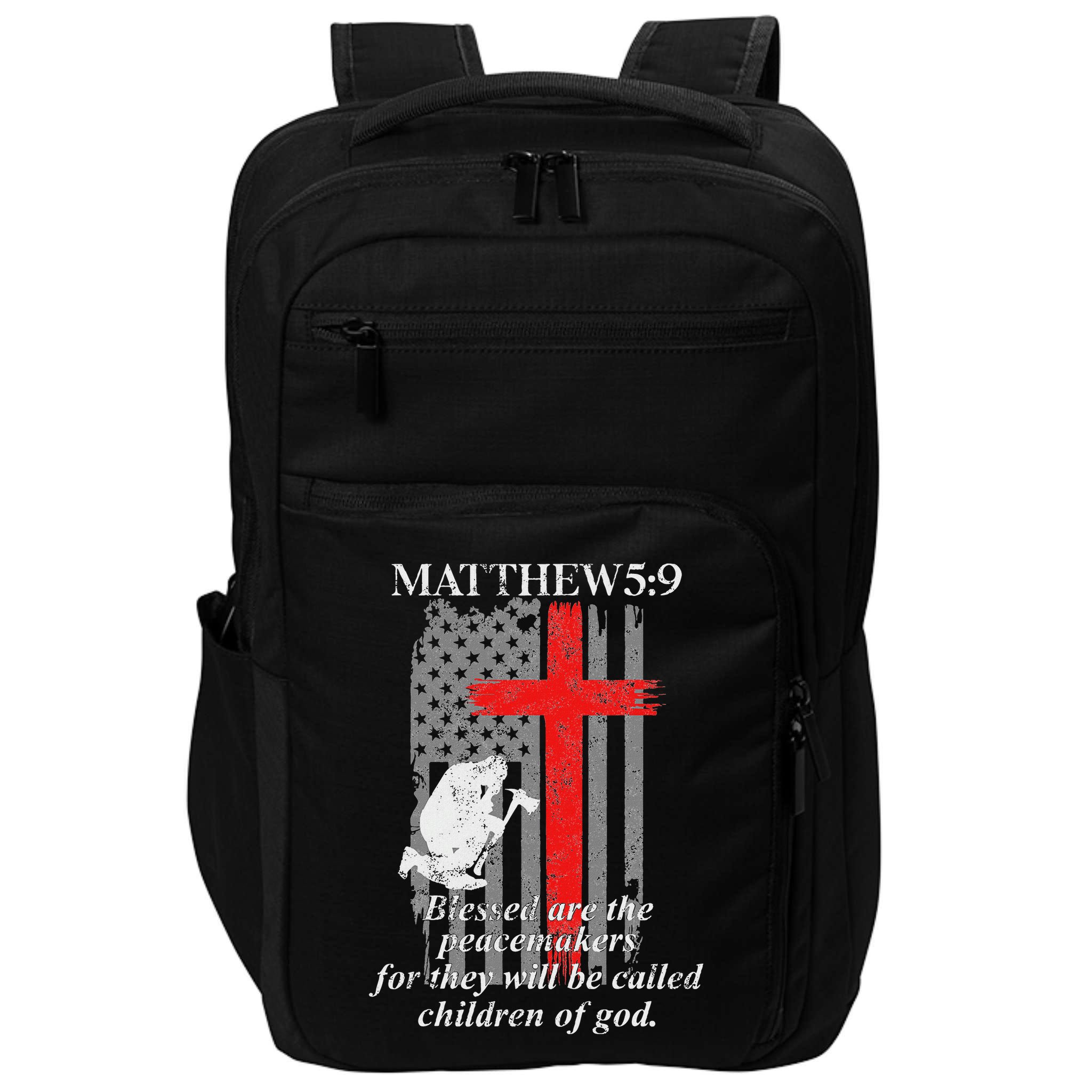 Thin Red Line Fireman Cross Bible Verse Firefighter Usa Flag Impact Tech Backpack