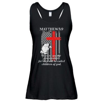 Thin Red Line Fireman Cross Bible Verse Firefighter Usa Flag Ladies Essential Flowy Tank