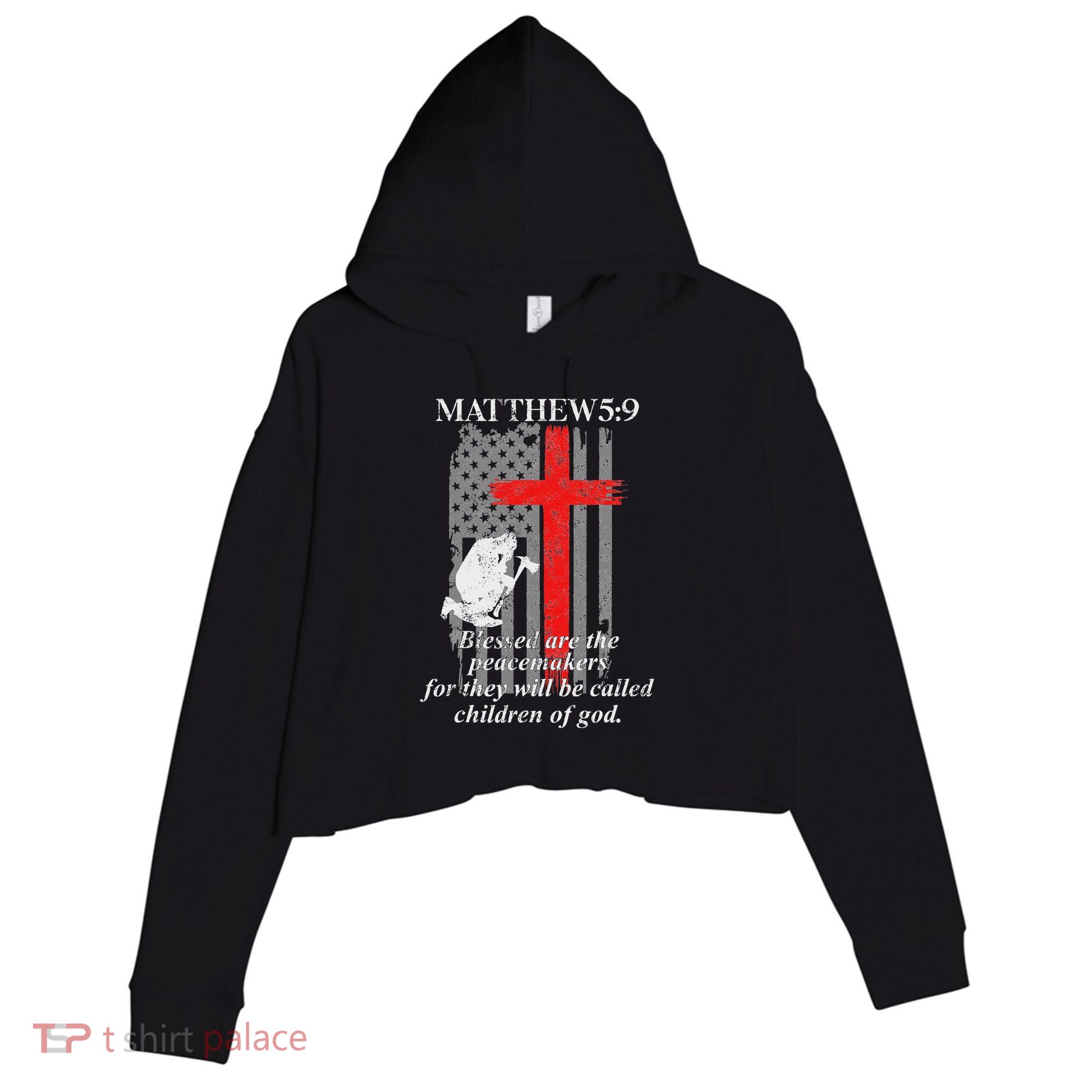 Thin Red Line Fireman Cross Bible Verse Firefighter Usa Flag Crop Fleece Hoodie
