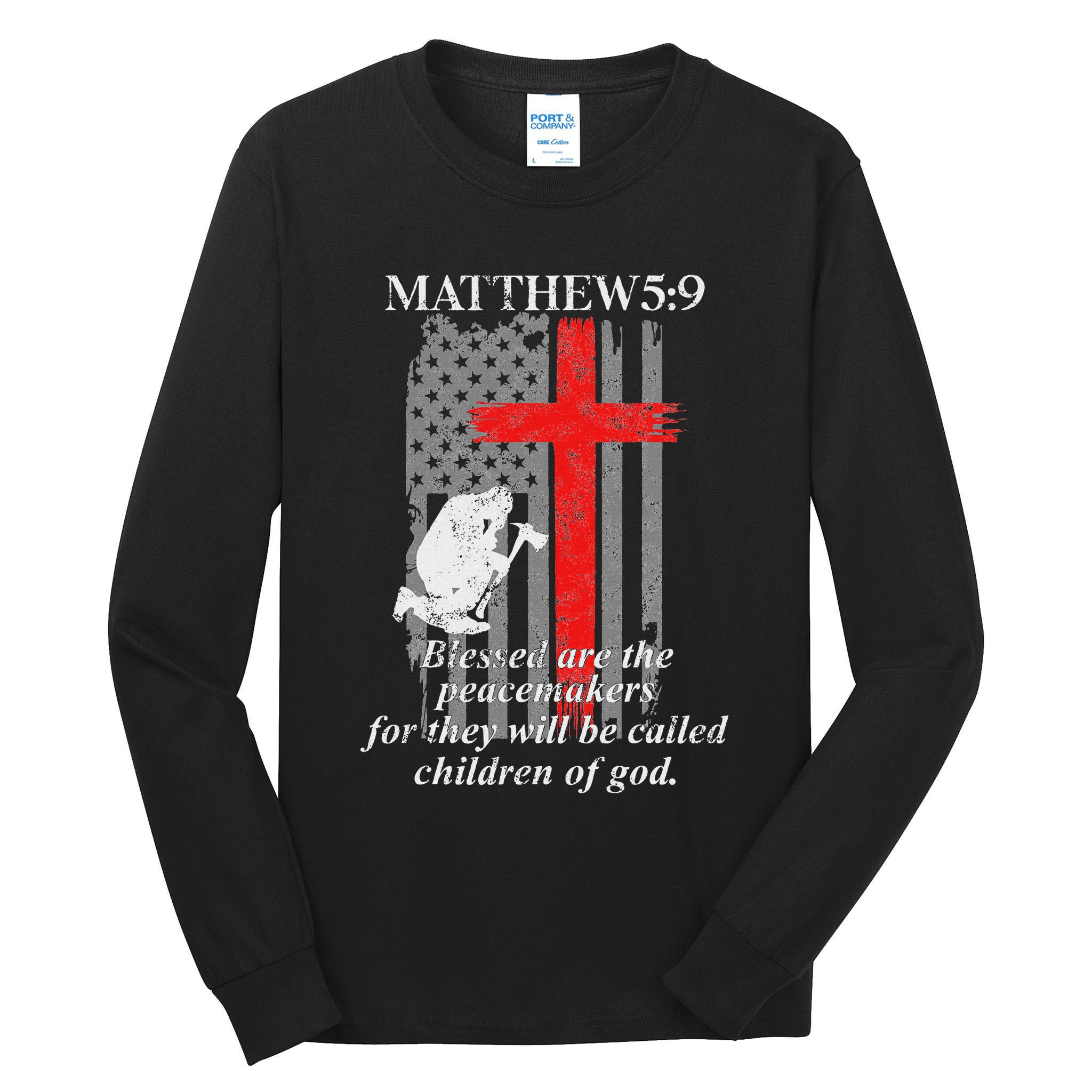 Thin Red Line Fireman Cross Bible Verse Firefighter Usa Flag Tall Long Sleeve T-Shirt