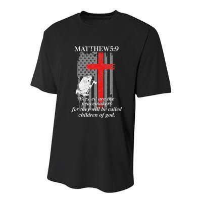 Thin Red Line Fireman Cross Bible Verse Firefighter Usa Flag Youth Performance Sprint T-Shirt