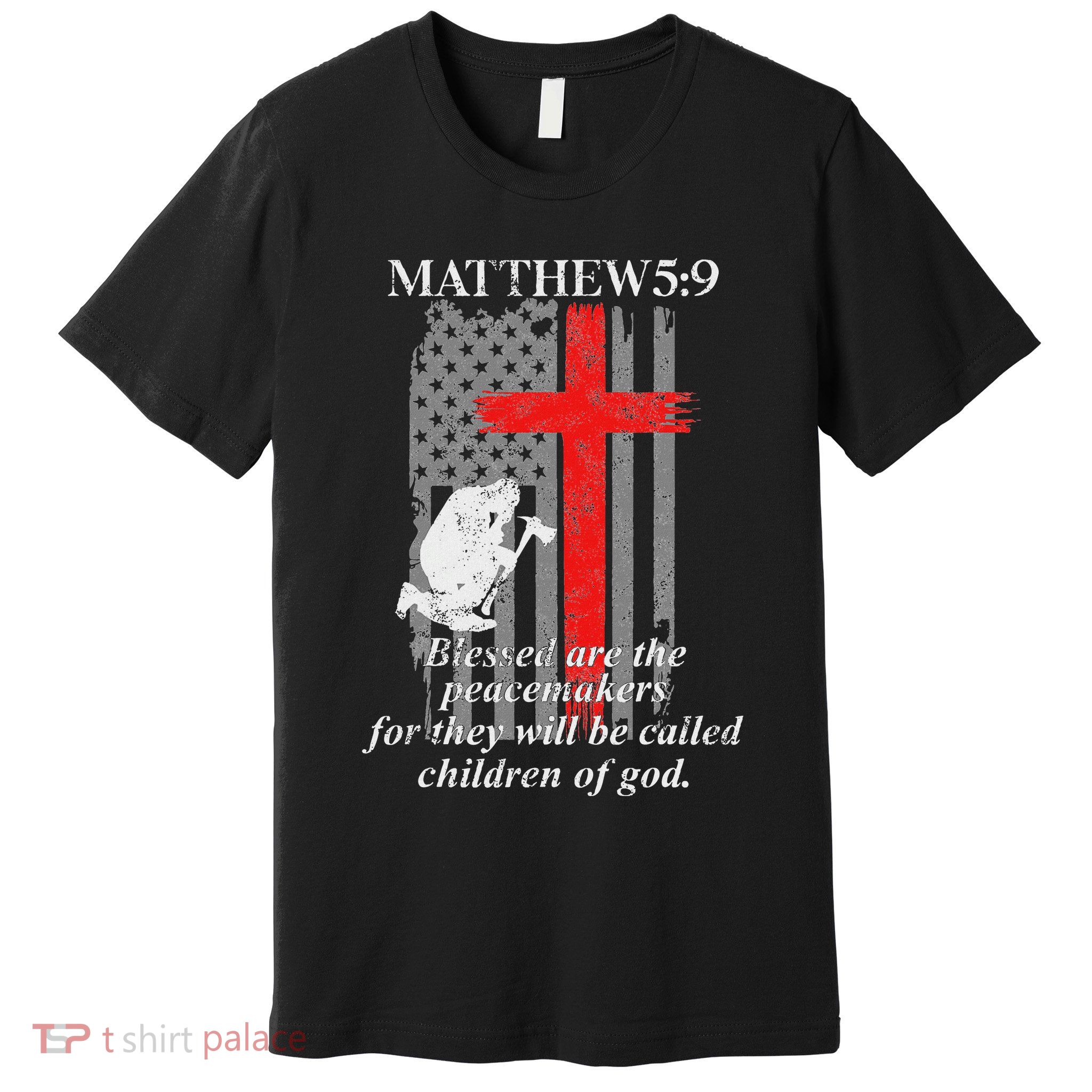 Thin Red Line Fireman Cross Bible Verse Firefighter Usa Flag Premium T-Shirt