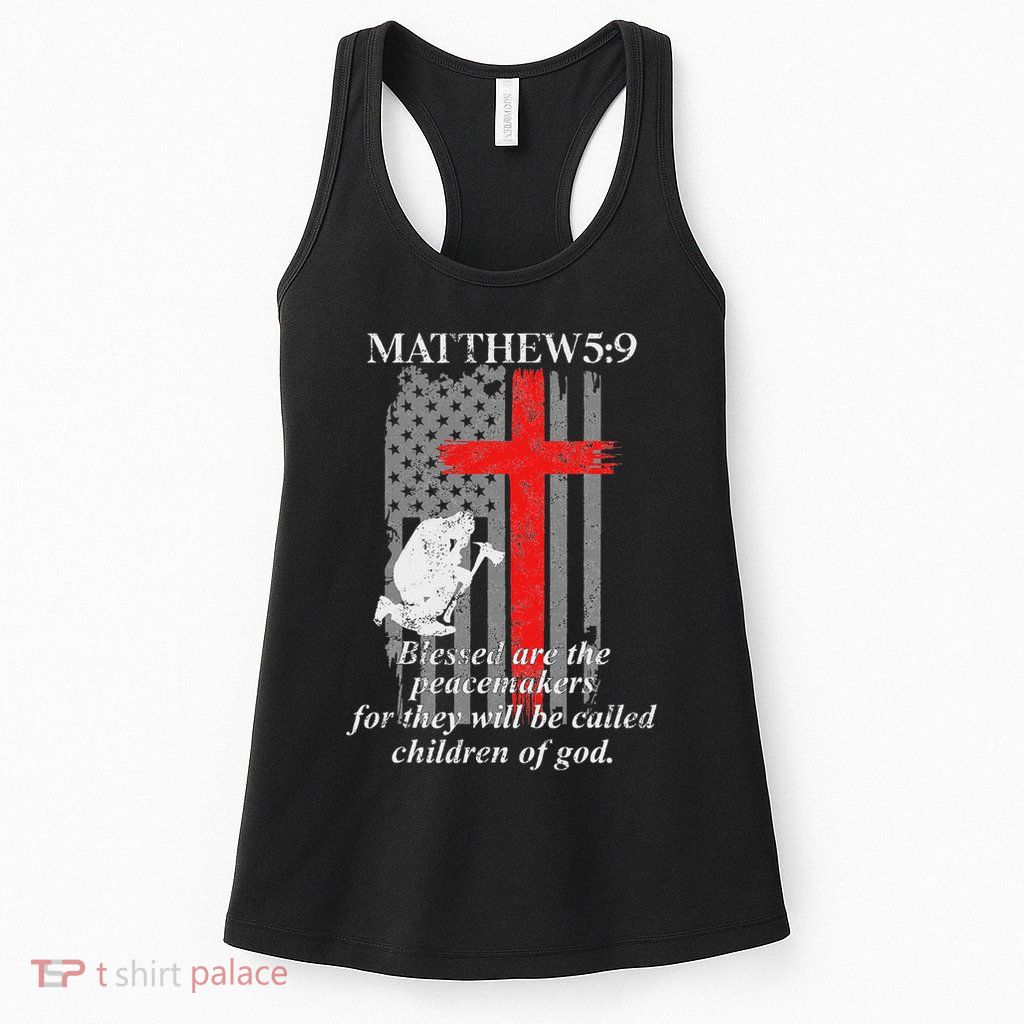 Thin Red Line Fireman Cross Bible Verse Firefighter Usa Flag Womens Tank Top