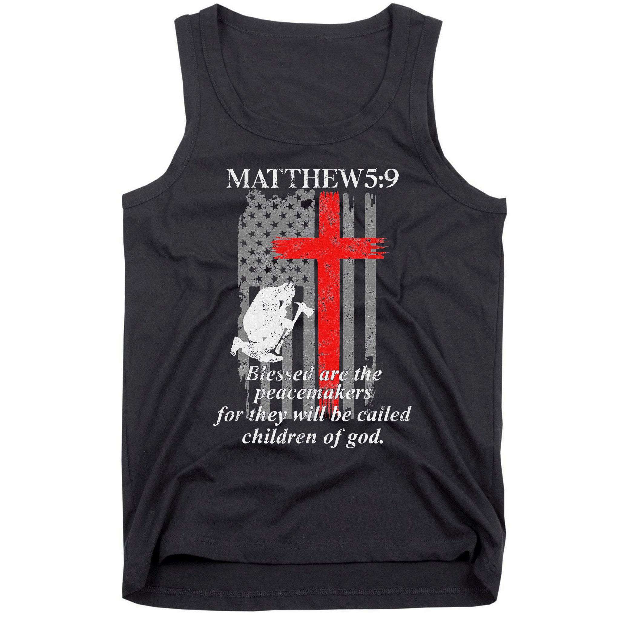 Thin Red Line Fireman Cross Bible Verse Firefighter Usa Flag Tank Top