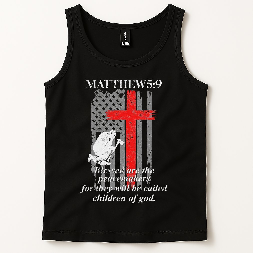 Thin Red Line Fireman Cross Bible Verse Firefighter Usa Flag Tank Top