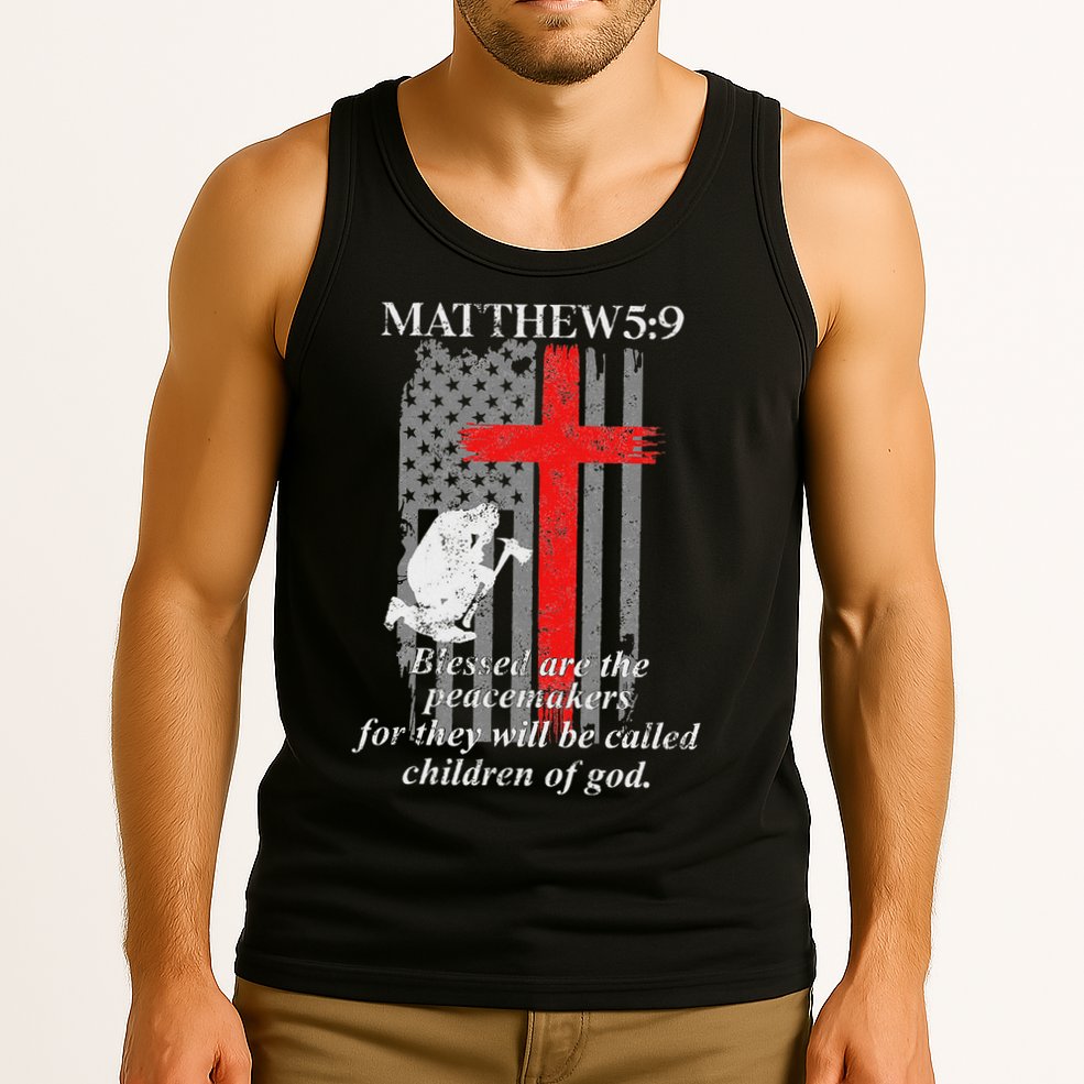 Thin Red Line Fireman Cross Bible Verse Firefighter Usa Flag Tank Top