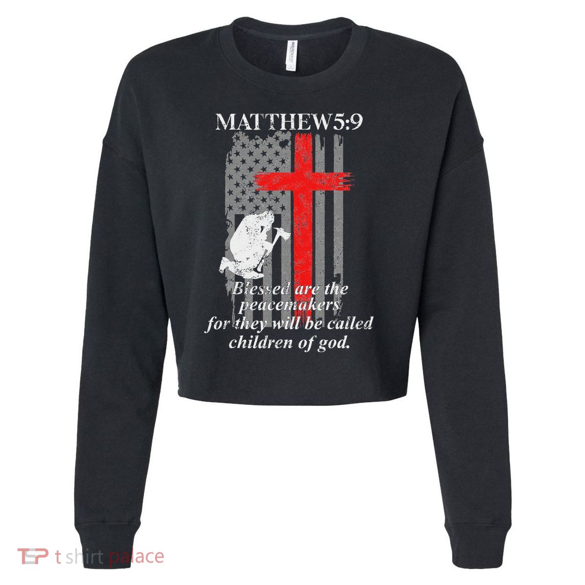 Thin Red Line Fireman Cross Bible Verse Firefighter Usa Flag Cropped Pullover Crew