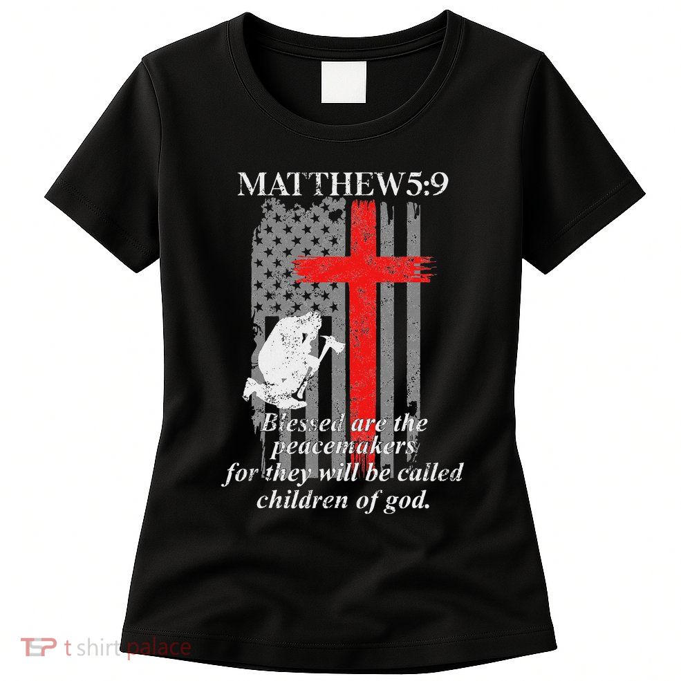 Thin Red Line Fireman Cross Bible Verse Firefighter Usa Flag Womens T-Shirt