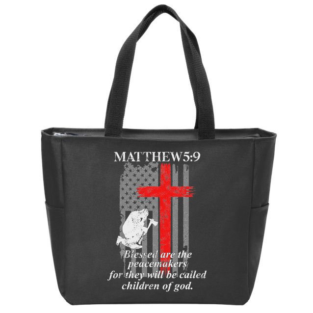 Thin Red Line Fireman Cross Bible Verse Firefighter Usa Flag Zip Tote Bag