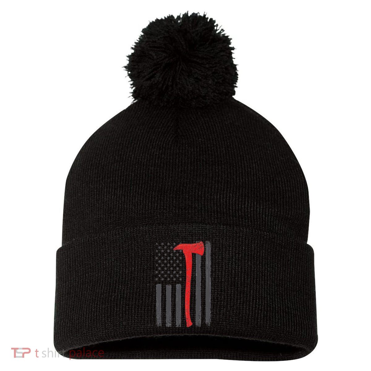 Thin Red Line Flag Firefighter Axe Vintage Fire Fighter Flag Pom Pom 12in Knit Beanie