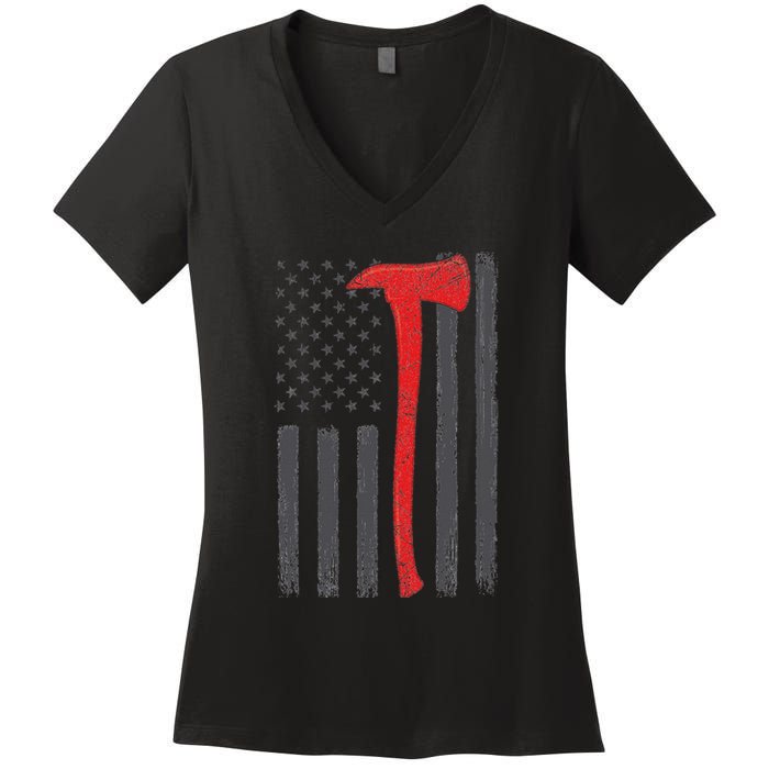 Thin Red Line Flag Firefighter Axe Vintage Fire Fighter Flag Women's V-Neck T-Shirt