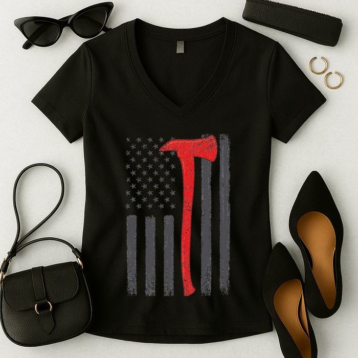 Thin Red Line Flag Firefighter Axe Vintage Fire Fighter Flag Women's V-Neck T-Shirt