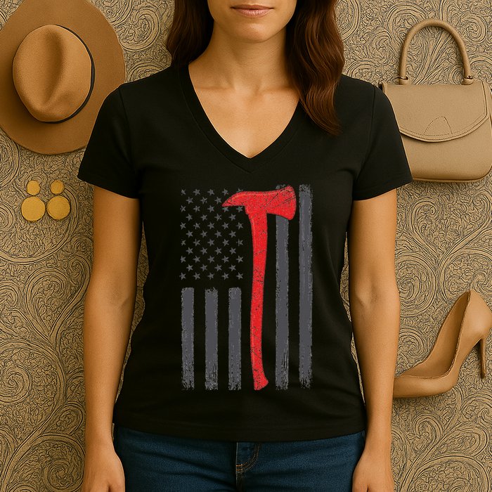 Thin Red Line Flag Firefighter Axe Vintage Fire Fighter Flag Women's V-Neck T-Shirt