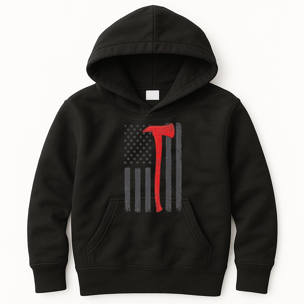 Thin Red Line Flag Firefighter Axe Vintage Fire Fighter Flag Kids Hoodie