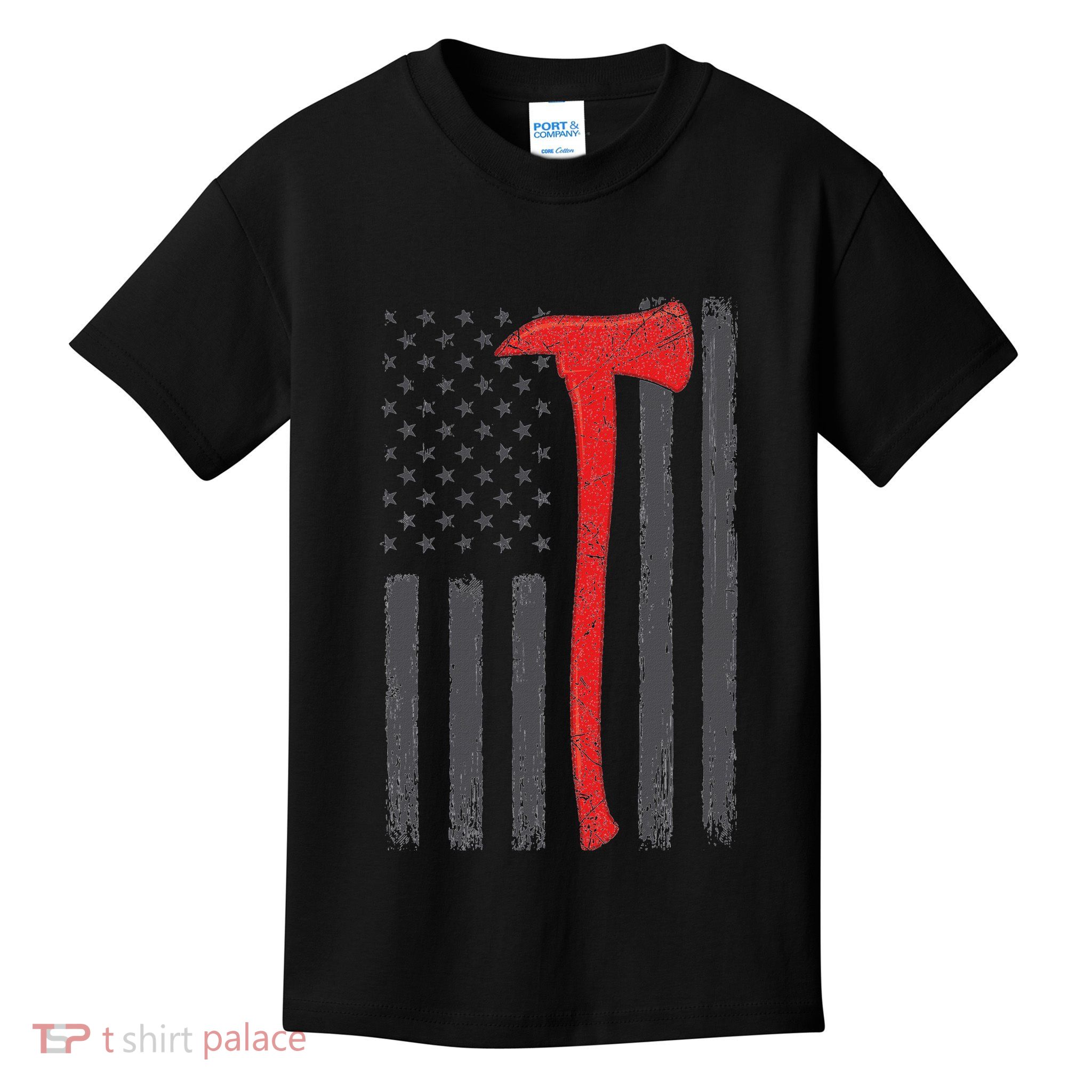 Thin Red Line Flag Firefighter Axe Vintage Fire Fighter Flag Kids T-Shirt