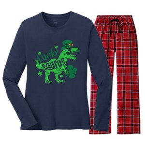 T Rex Lucky Saurus Rex St Patricks Day Women's Long Sleeve Flannel Pajama Set 