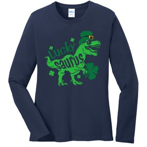 T Rex Lucky Saurus Rex St Patricks Day Ladies Long Sleeve Shirt