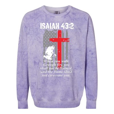 Thin Red Line Firefighter Cross Bible Verse American Flag Colorblast Crewneck Sweatshirt