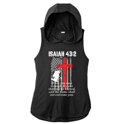 Thin Red Line Firefighter Cross Bible Verse American Flag Ladies PosiCharge Tri-Blend Wicking Draft Hoodie Tank