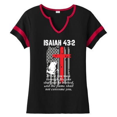 Thin Red Line Firefighter Cross Bible Verse American Flag Ladies Halftime Notch Neck Tee