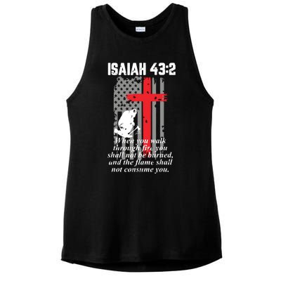 Thin Red Line Firefighter Cross Bible Verse American Flag Ladies PosiCharge Tri-Blend Wicking Tank