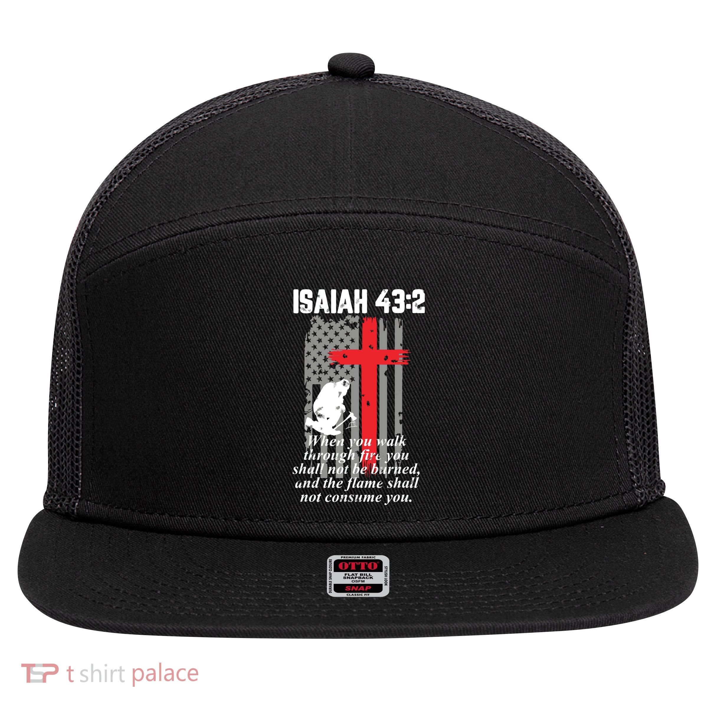 Thin Red Line Firefighter Cross Bible Verse American Flag 7 Panel Mesh Trucker Snapback Hat