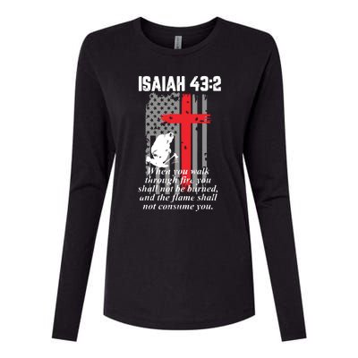 Thin Red Line Firefighter Cross Bible Verse American Flag Womens Cotton Relaxed Long Sleeve T-Shirt