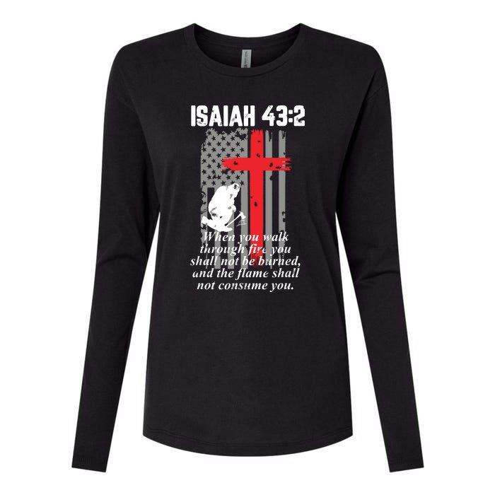 Thin Red Line Firefighter Cross Bible Verse American Flag Womens Cotton Relaxed Long Sleeve T-Shirt