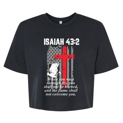 Thin Red Line Firefighter Cross Bible Verse American Flag Bella+Canvas Jersey Crop Tee