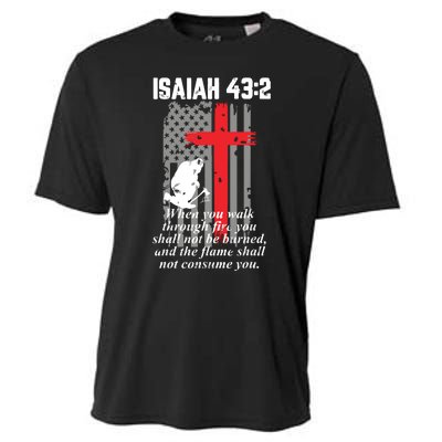 Thin Red Line Firefighter Cross Bible Verse American Flag Cooling Performance Crew T-Shirt