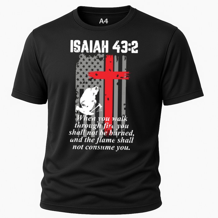 Thin Red Line Firefighter Cross Bible Verse American Flag Cooling Performance Crew T-Shirt