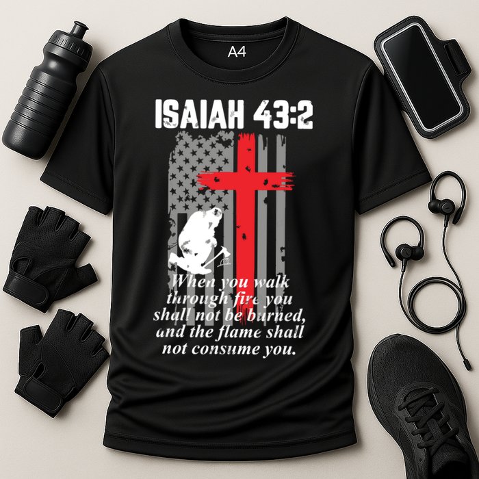 Thin Red Line Firefighter Cross Bible Verse American Flag Cooling Performance Crew T-Shirt