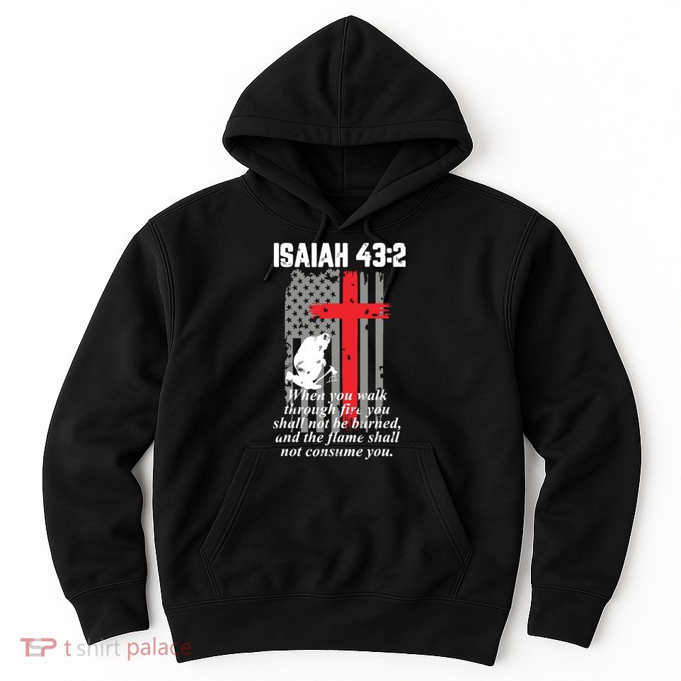 Thin Red Line Firefighter Cross Bible Verse American Flag Hoodie