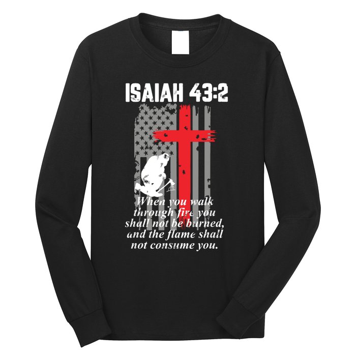 Thin Red Line Firefighter Cross Bible Verse American Flag Long Sleeve Shirt