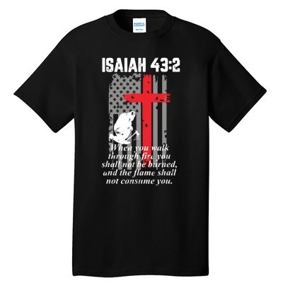 Thin Red Line Firefighter Cross Bible Verse American Flag Tall T-Shirt