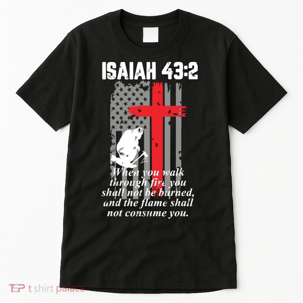 Thin Red Line Firefighter Cross Bible Verse American Flag Tall T-Shirt